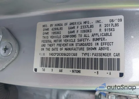 2009 Honda Accord 2.4 Lx из США, поврежденный, VIN 1HGCP26309A201346